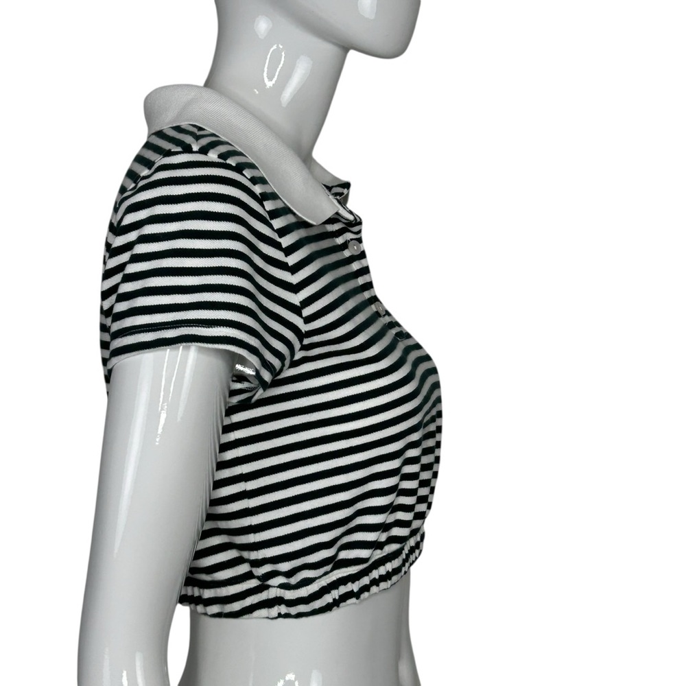 Aerie Offline Top Women's Cropped Polo S Green White Academia Striped Bubble Hem - Picture 3 of 16